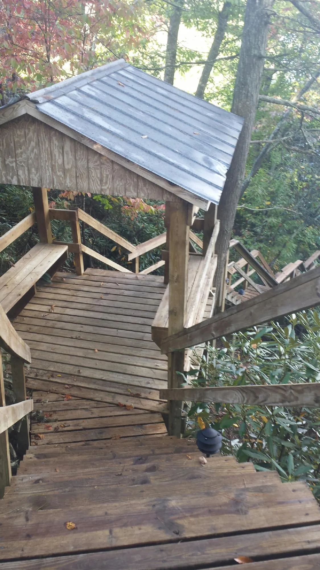 Metal roofed shelter over wooden steps on a wooded walkway — Skylight Repair & Installation work by our crew in Lowell